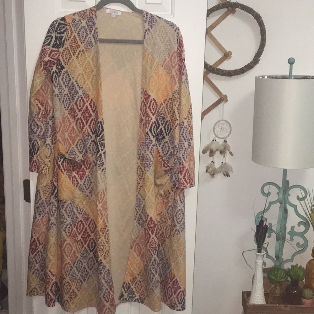 LuLaRoe Sarah Duster Cardigan Women Small Geometric Patchwork Open Front Pocket